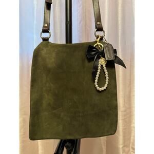 Coach 3460 Green Suede Hobo Shoulder Bag with Brown Leather Strap